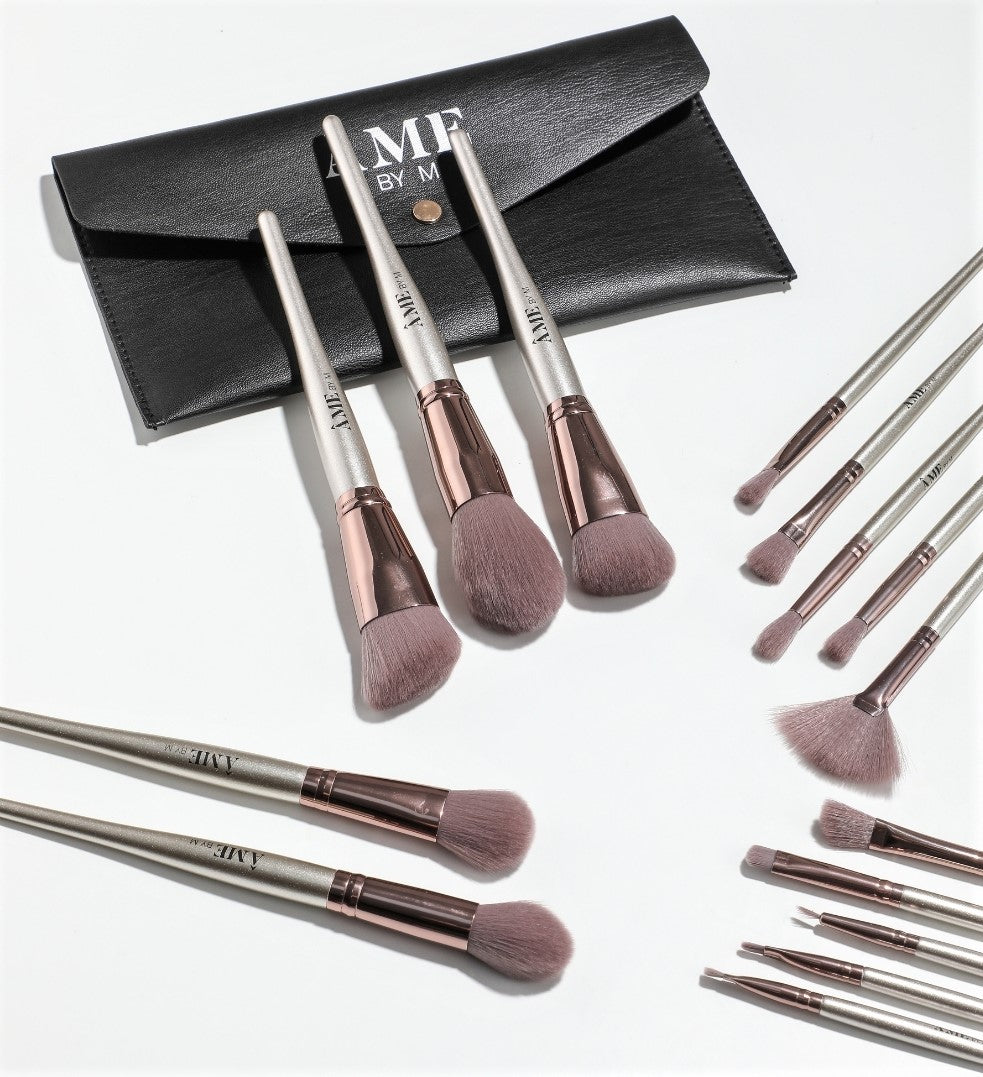 15 Piece Champagne Professional Vegan Makeup Brush Set With Black