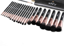 Load image into Gallery viewer, 24 Piece Rose Gold Black Professional Vegan Synthetic Makeup Brush Set with Black Travel Clutch Makeup Bag