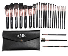 Load image into Gallery viewer, 24 Piece Rose Gold Black Professional Vegan Synthetic Makeup Brush Set with Black Travel Clutch Makeup Bag