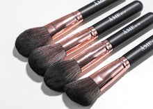 Load image into Gallery viewer, 24 Piece Rose Gold Black Professional Vegan Synthetic Makeup Brush Set with Black Travel Clutch Makeup Bag