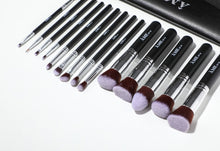 Load image into Gallery viewer, 14 Piece Black and Silver Professional Vegan Makeup Brush Set With Black Travel Clutch Makeup Bag