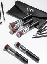 Load image into Gallery viewer, 14 Piece Black and Silver Professional Vegan Makeup Brush Set With Black Travel Clutch Makeup Bag