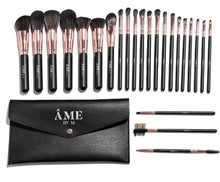 Load image into Gallery viewer, 24 Piece Rose Gold Black Professional Vegan Synthetic Makeup Brush Set with Black Travel Clutch Makeup Bag
