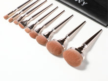 Load image into Gallery viewer, 9 Piece Gold Vegan HD Blending Makeup Brush Set with Black Travel Clutch Makeup Bag
