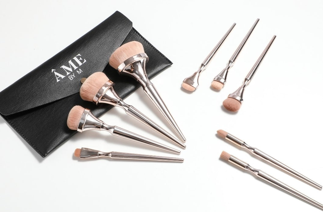 9 Piece Gold Vegan HD Blending Makeup Brush Set with Black Travel Clutch Makeup Bag