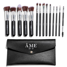 Load image into Gallery viewer, 14 Piece Black and Silver Professional Vegan Makeup Brush Set With Black Travel Clutch Makeup Bag
